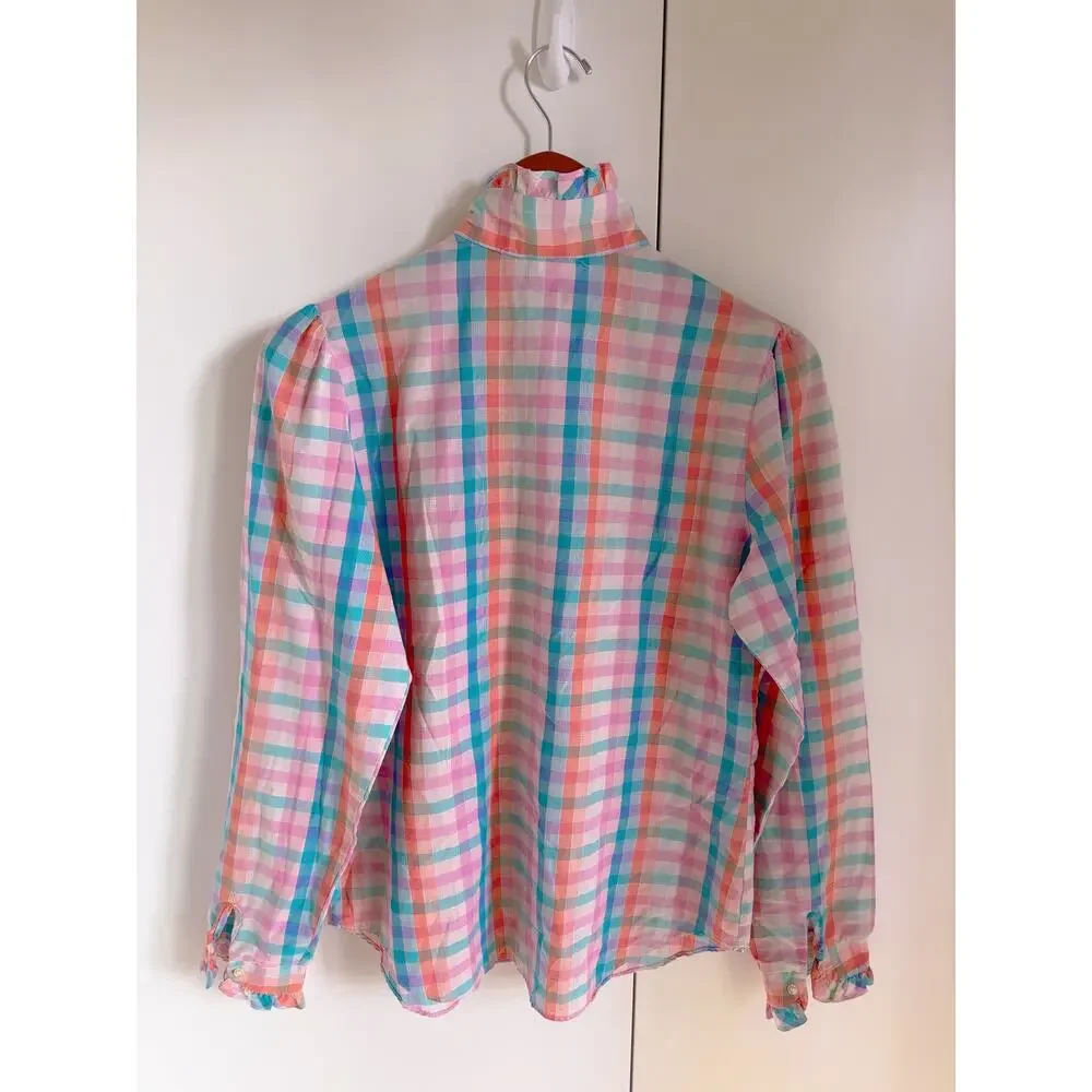 Vintage 80s Womens Plaid Ruffle Front Blouse Size Medium Twee Preppy Cottagecore - Picture 5 of 9